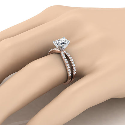 14K Rose Gold Emerald Cut Diamond Two Row Pavé Split Shank Engagement Ring -1/3ctw