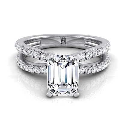 18K White Gold Emerald Cut Diamond Two Row Pavé Split Shank Engagement Ring -1/3ctw