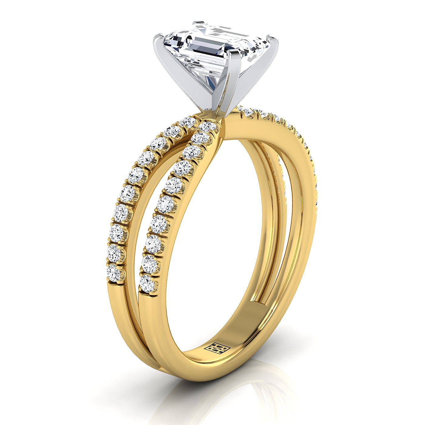 18K Yellow Gold Emerald Cut Diamond Two Row Pavé Split Shank Engagement Ring -1/3ctw
