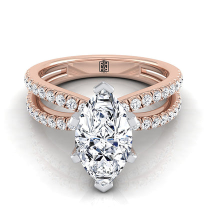14K Rose Gold Marquise  Diamond Two Row Pavé Split Shank Engagement Ring -1/3ctw