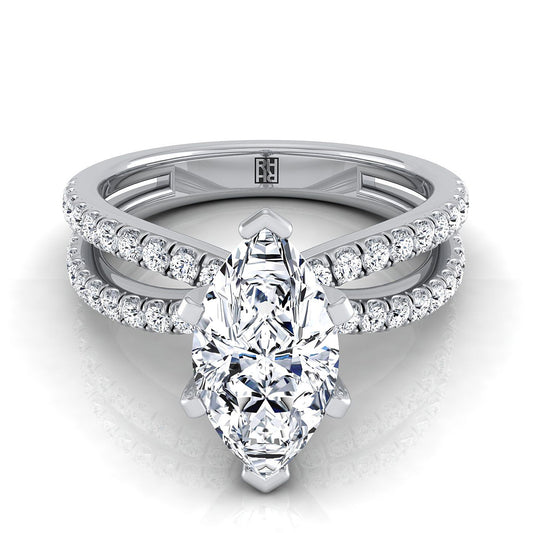 18K White Gold Marquise  Diamond Two Row Pavé Split Shank Engagement Ring -1/3ctw