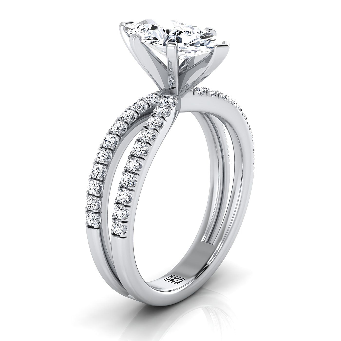 14K White Gold Marquise  Diamond Two Row Pavé Split Shank Engagement Ring -1/3ctw