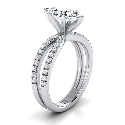 14K White Gold Marquise  Diamond Two Row Pavé Split Shank Engagement Ring -1/3ctw