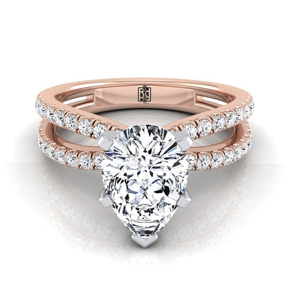 14K Rose Gold Pear Shape Center Diamond Two Row Pavé Split Shank Engagement Ring -1/3ctw