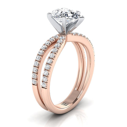 14K Rose Gold Pear Shape Center Diamond Two Row Pavé Split Shank Engagement Ring -1/3ctw