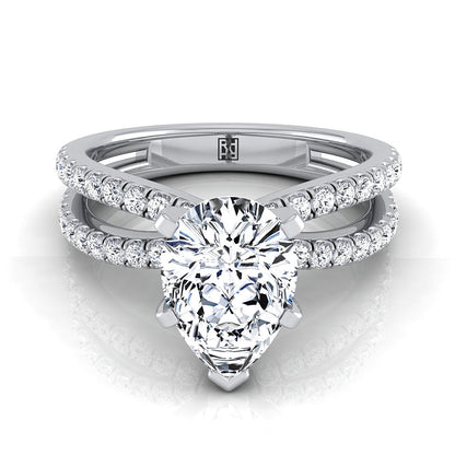 14K White Gold Pear Shape Center Diamond Two Row Pavé Split Shank Engagement Ring -1/3ctw