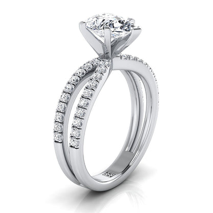 14K White Gold Pear Shape Center Diamond Two Row Pavé Split Shank Engagement Ring -1/3ctw