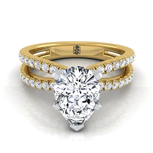 18K Yellow Gold Pear Shape Center Diamond Two Row Pavé Split Shank Engagement Ring -1/3ctw