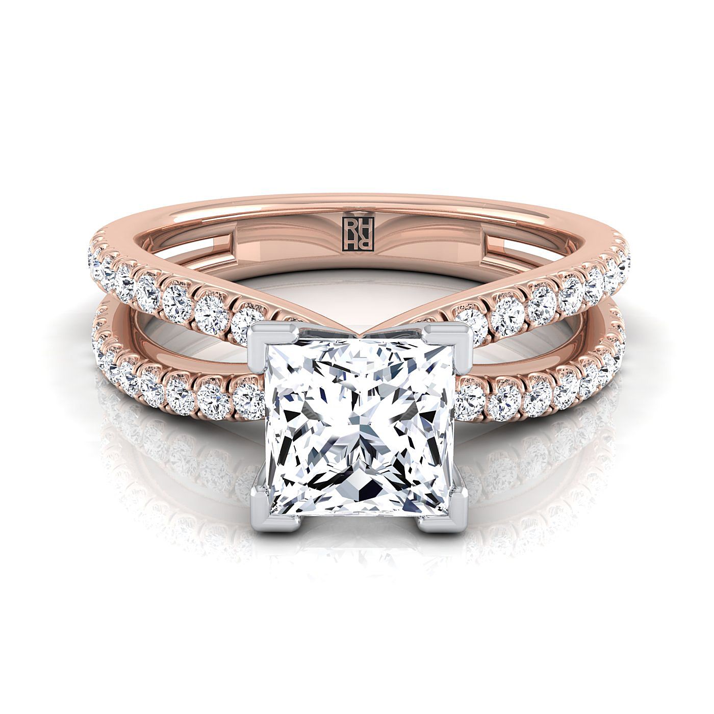 14K Rose Gold Princess Cut Diamond Two Row Pavé Split Shank Engagement Ring -1/3ctw