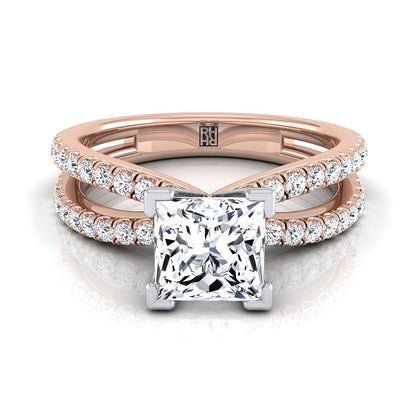 14K Rose Gold Princess Cut Diamond Two Row Pavé Split Shank Engagement Ring -1/3ctw