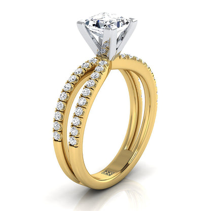 18K Yellow Gold Princess Cut Diamond Two Row Pavé Split Shank Engagement Ring -1/3ctw