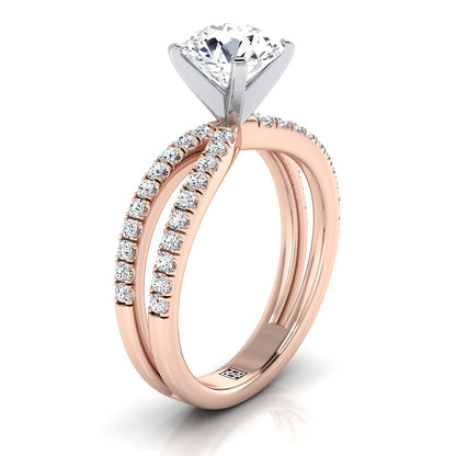 14K Rose Gold Round Brilliant Diamond Two Row Pavé Split Shank Engagement Ring -1/3ctw