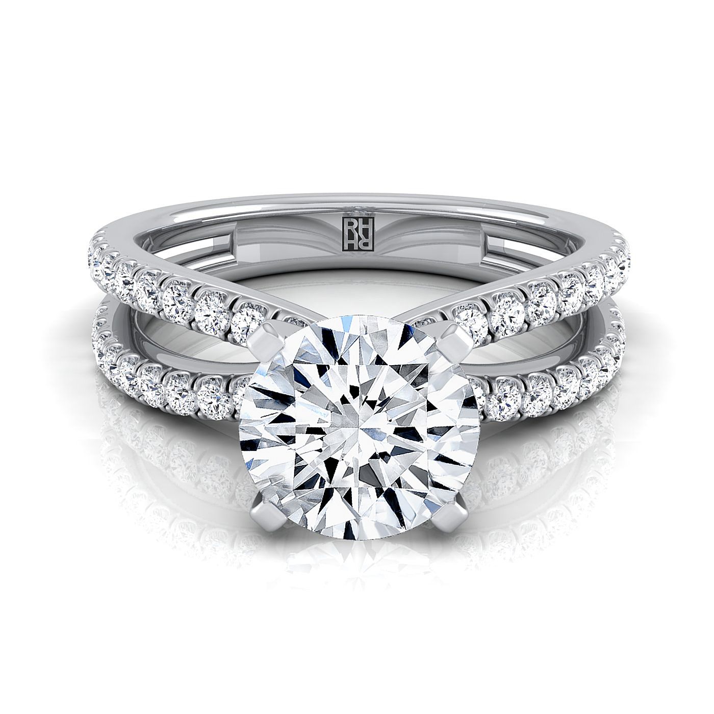 18K White Gold Round Brilliant Diamond Two Row Pavé Split Shank Engagement Ring -1/3ctw