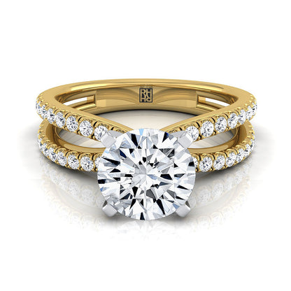 14K Yellow Gold Round Brilliant Diamond Two Row Pavé Split Shank Engagement Ring -1/3ctw