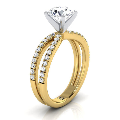 14K Yellow Gold Round Brilliant Diamond Two Row Pavé Split Shank Engagement Ring -1/3ctw