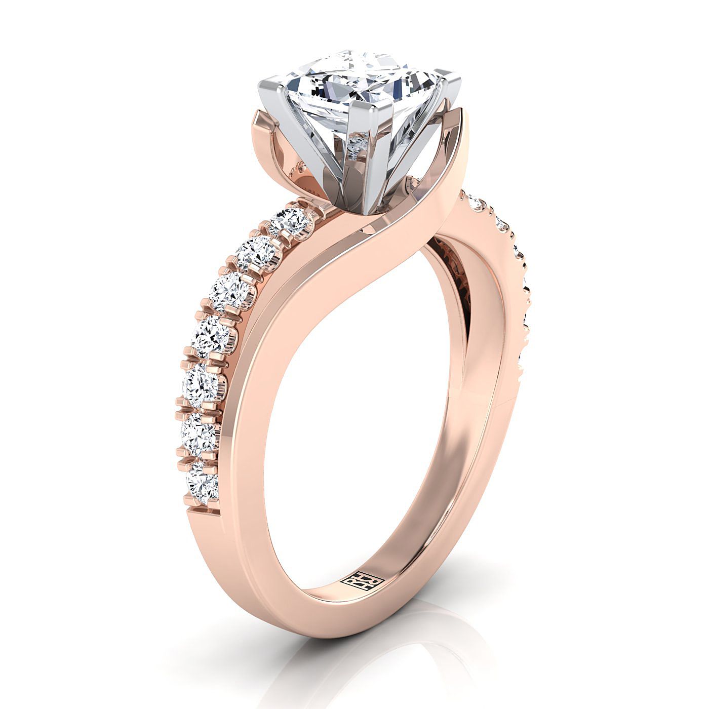 14K Rose Gold Princess Cut Unique Bypass Diamond Pave Swirl Engagement Ring -3/8ctw