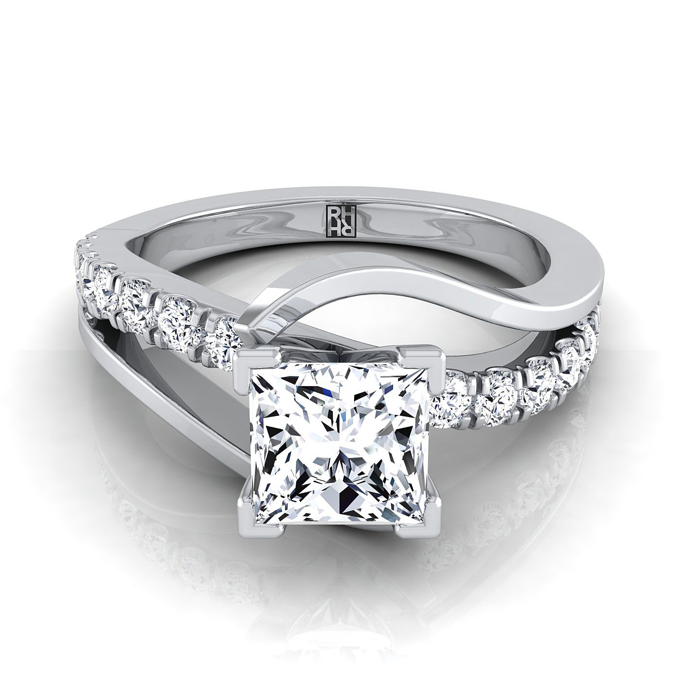 Platinum Princess Cut Unique Bypass Diamond Pave Swirl Engagement Ring -3/8ctw