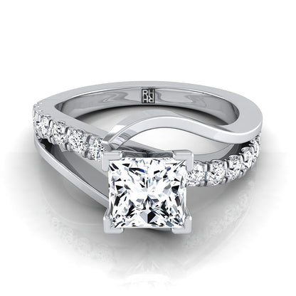 18K White Gold Princess Cut Unique Bypass Diamond Pave Swirl Engagement Ring -3/8ctw
