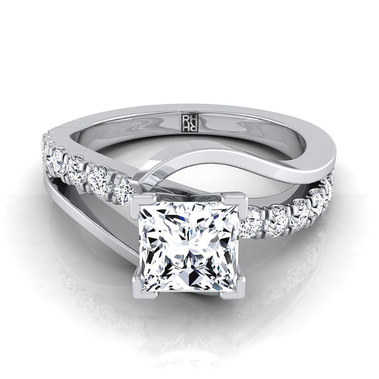 14K White Gold Princess Cut Unique Bypass Diamond Pave Swirl Engagement Ring -3/8ctw