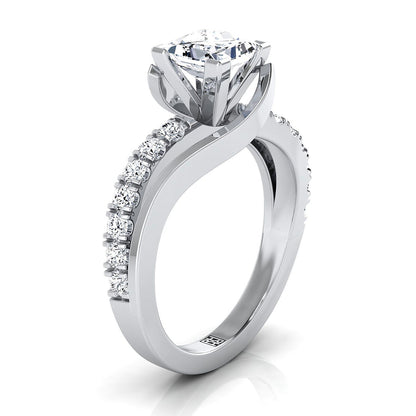 14K White Gold Princess Cut Unique Bypass Diamond Pave Swirl Engagement Ring -3/8ctw