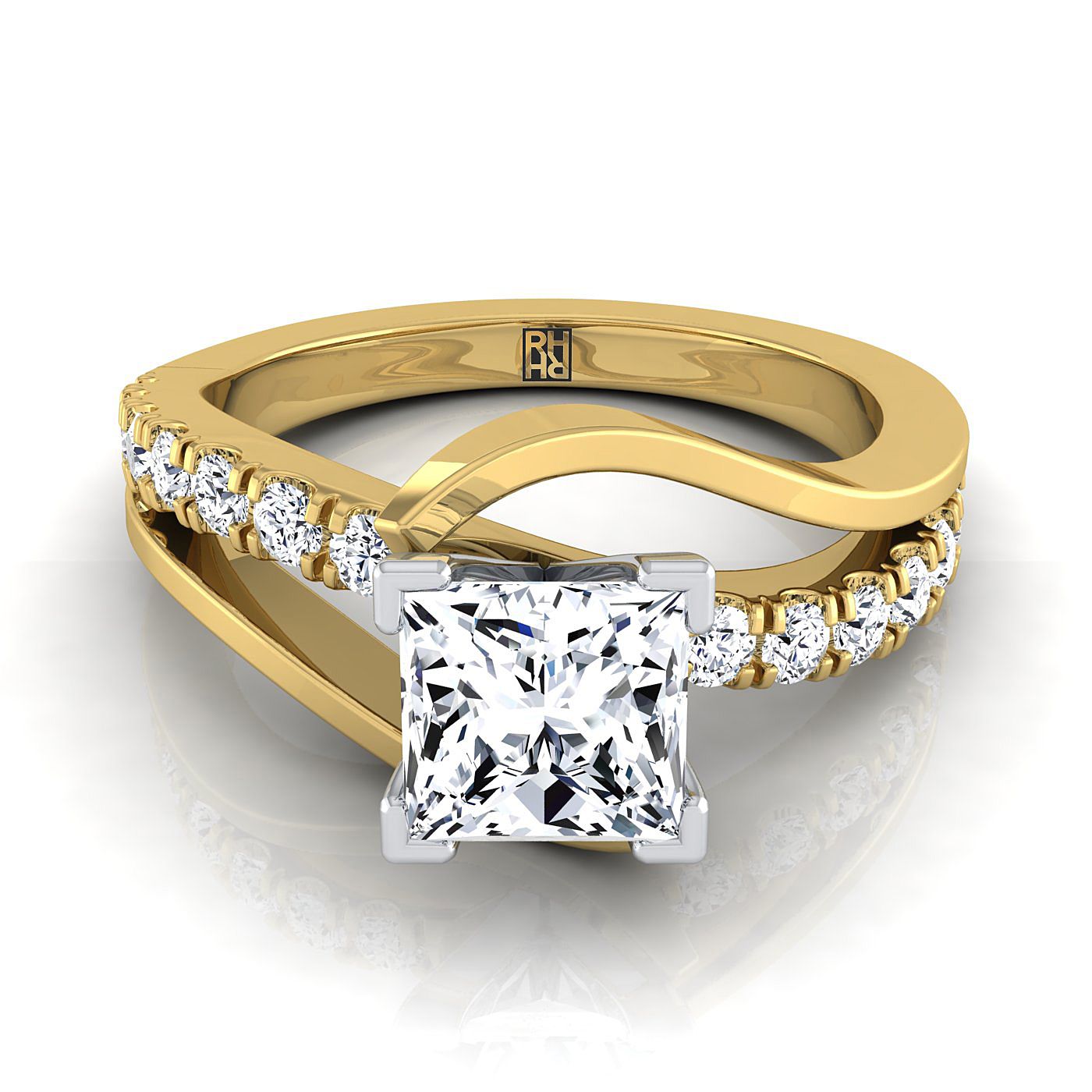 18K Yellow Gold Princess Cut Unique Bypass Diamond Pave Swirl Engagement Ring -3/8ctw