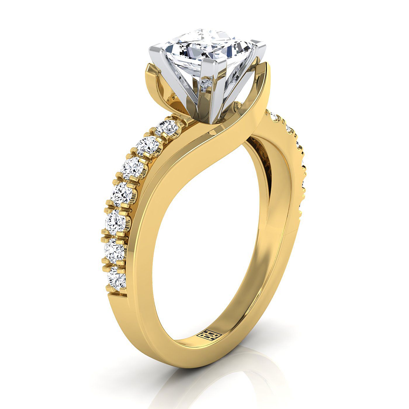 18K Yellow Gold Princess Cut Unique Bypass Diamond Pave Swirl Engagement Ring -3/8ctw