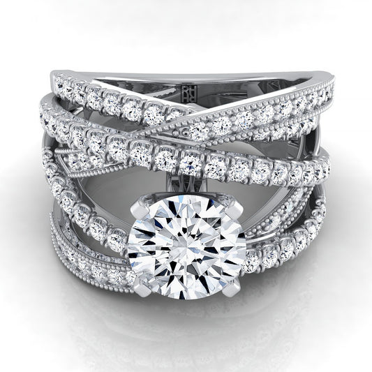 14K White Gold Round Brilliant Customized Multi Diamond Row Diamond Engagement Ring -7/8ctw