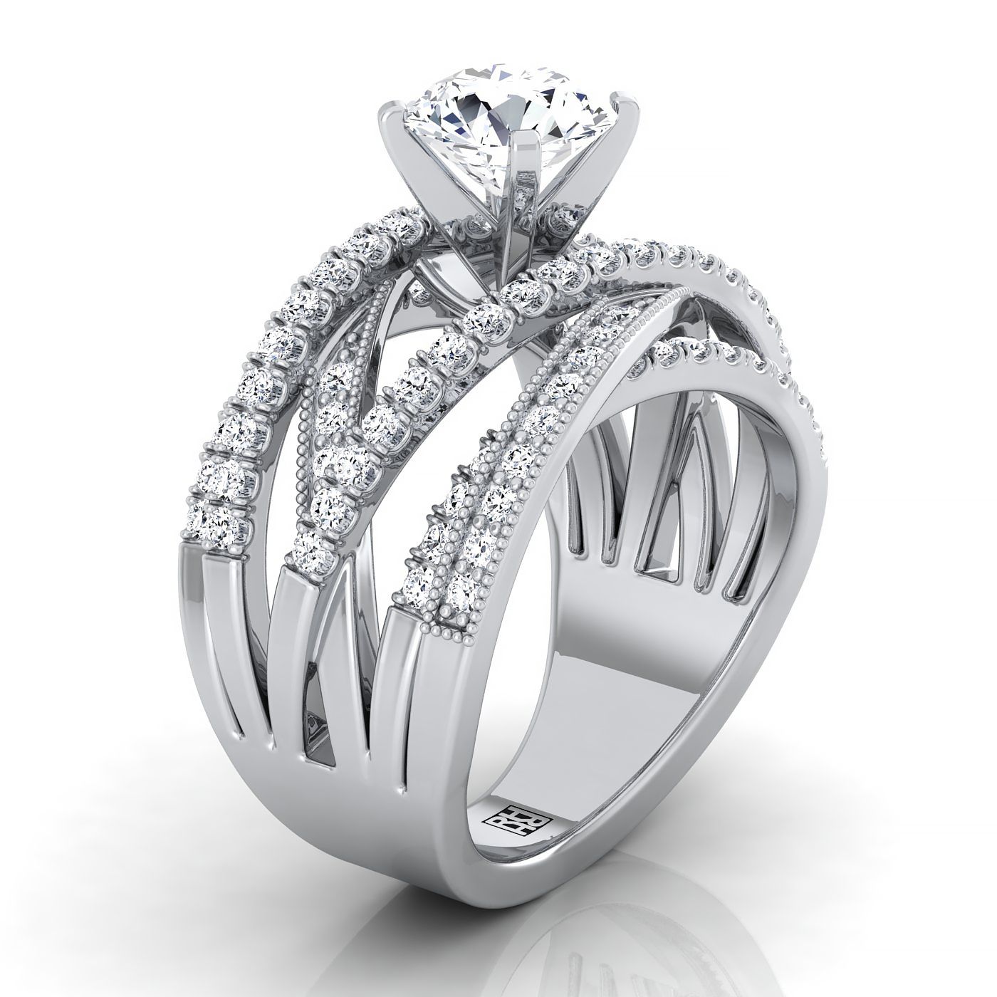 18K White Gold Round Brilliant Customized Multi Diamond Row Diamond Engagement Ring -7/8ctw
