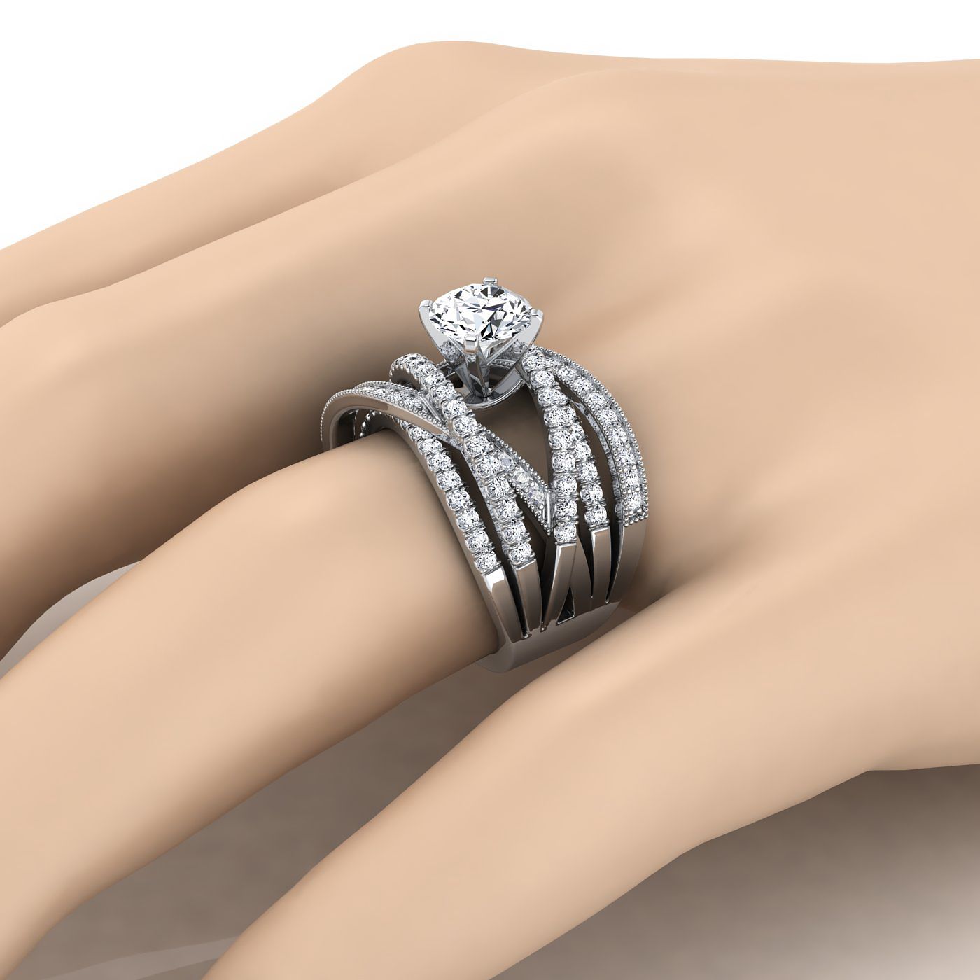 Platinum Round Brilliant Customized Multi Diamond Row Diamond Engagement Ring -7/8ctw