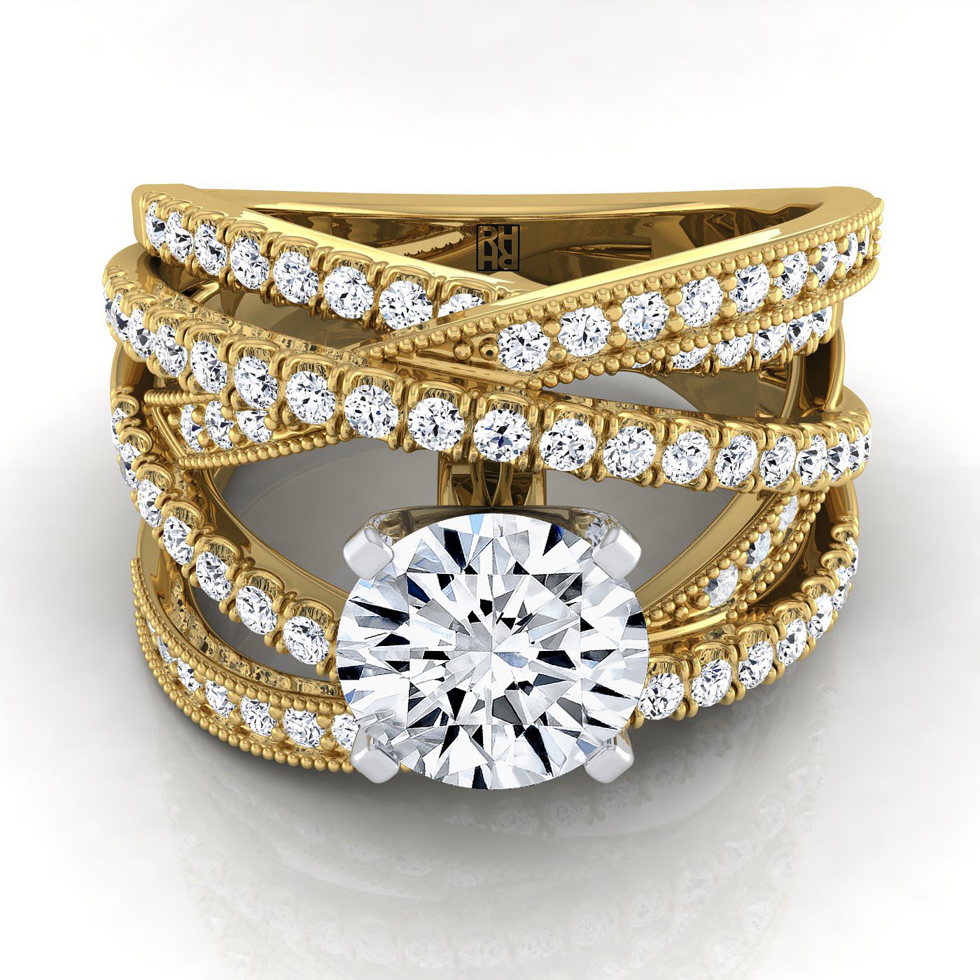 14K Yellow Gold Round Brilliant Customized Multi Diamond Row Diamond Engagement Ring -7/8ctw