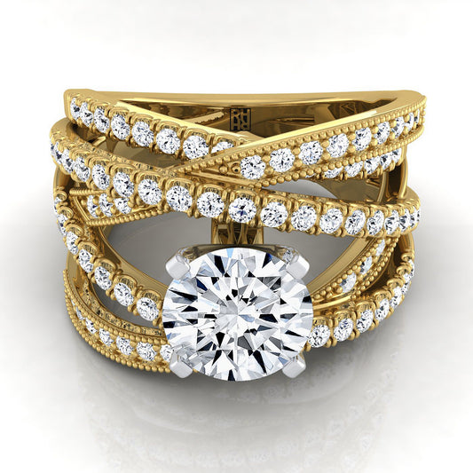 18K Yellow Gold Round Brilliant Customized Multi Diamond Row Diamond Engagement Ring -7/8ctw