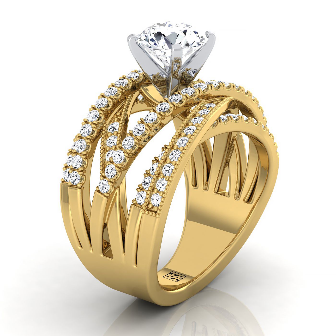 18K Yellow Gold Round Brilliant Customized Multi Diamond Row Diamond Engagement Ring -7/8ctw