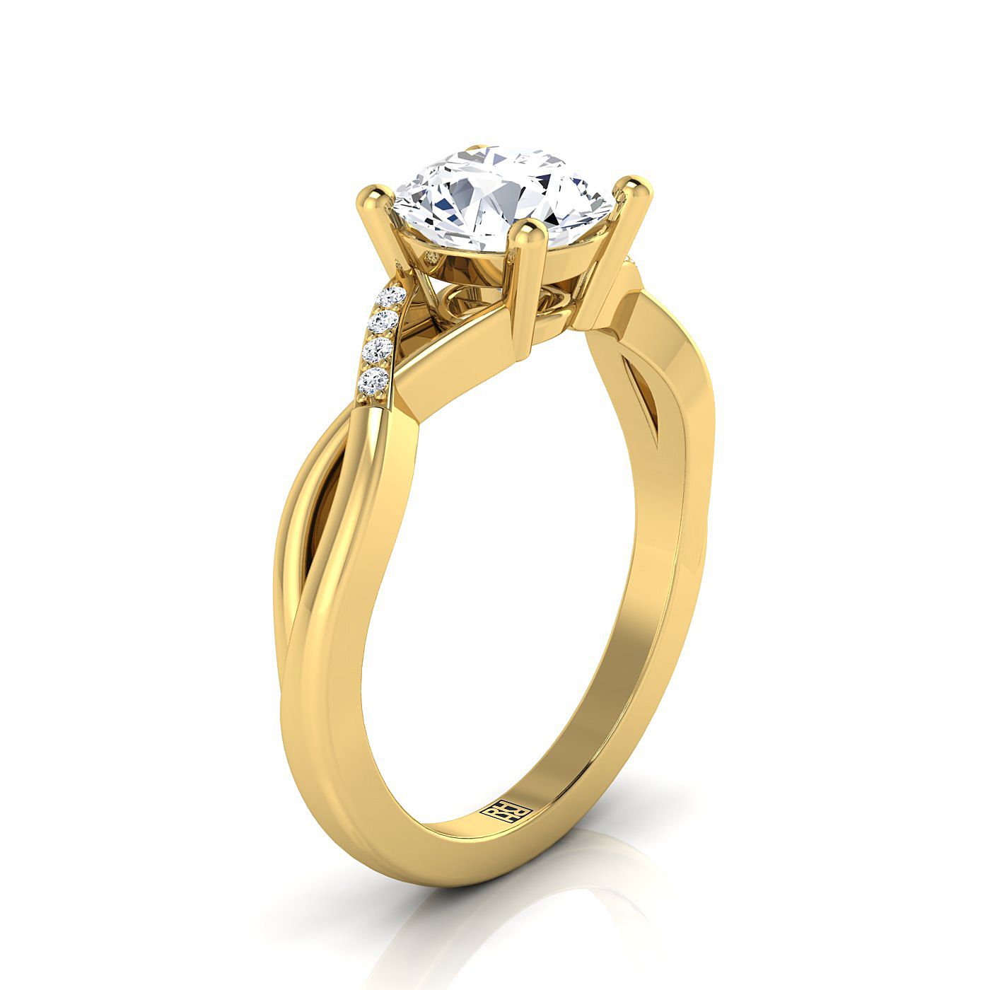 18K Yellow Gold Round Brilliant Diamond Criss Cross Twist Engagement Ring