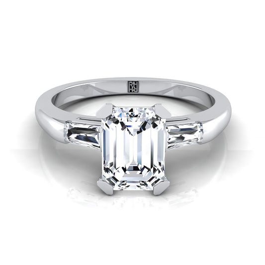 18K White Gold Emerald Cut Diamond Three Stone Tapered Baguette Engagement Ring -1/5ctw