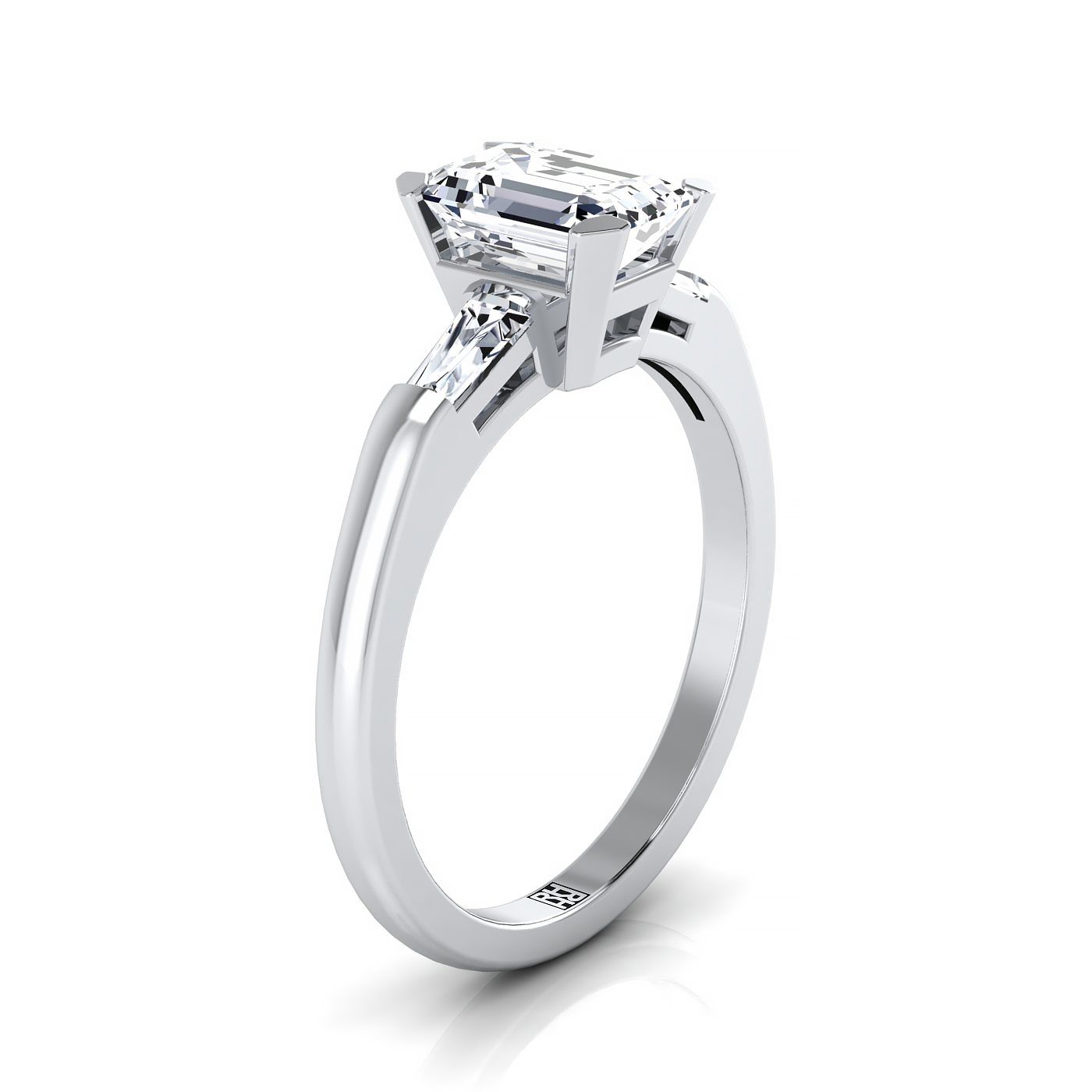 18K White Gold Emerald Cut Diamond Three Stone Tapered Baguette Engagement Ring -1/5ctw