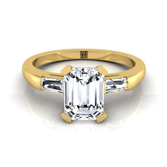 14K Yellow Gold Emerald Cut Diamond Three Stone Tapered Baguette Engagement Ring -1/5ctw