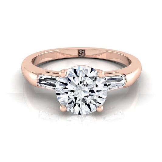 14K Rose Gold Round Brilliant Diamond Three Stone Tapered Baguette Engagement Ring -1/5ctw