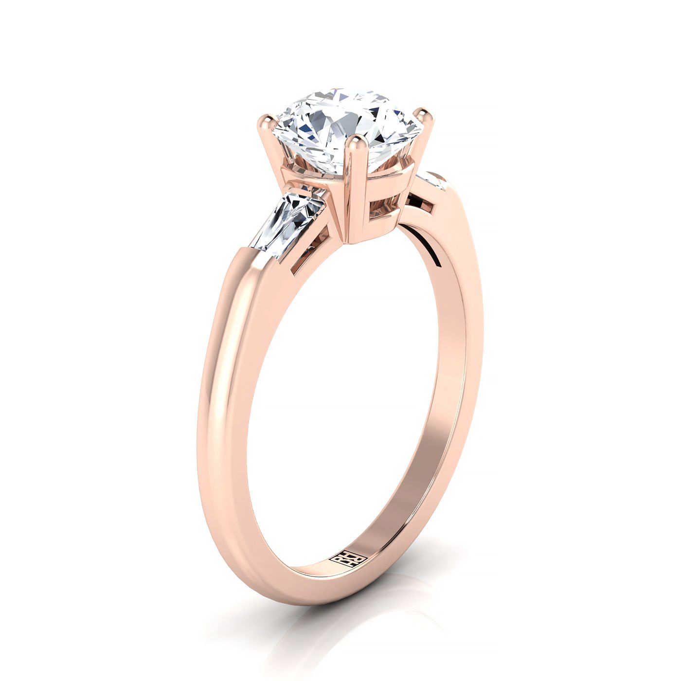 14K Rose Gold Round Brilliant Aquamarine Three Stone Tapered Baguette Engagement Ring -1/5ctw