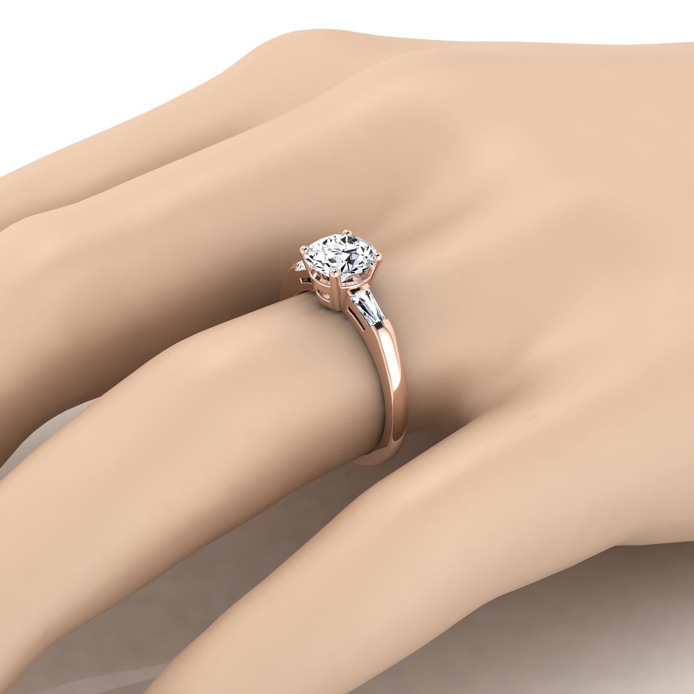 14K Rose Gold Round Brilliant Aquamarine Three Stone Tapered Baguette Engagement Ring -1/5ctw