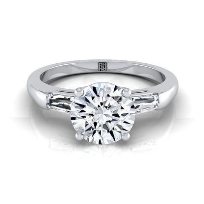 Platinum Round Brilliant Diamond Three Stone Tapered Baguette Engagement Ring -1/5ctw