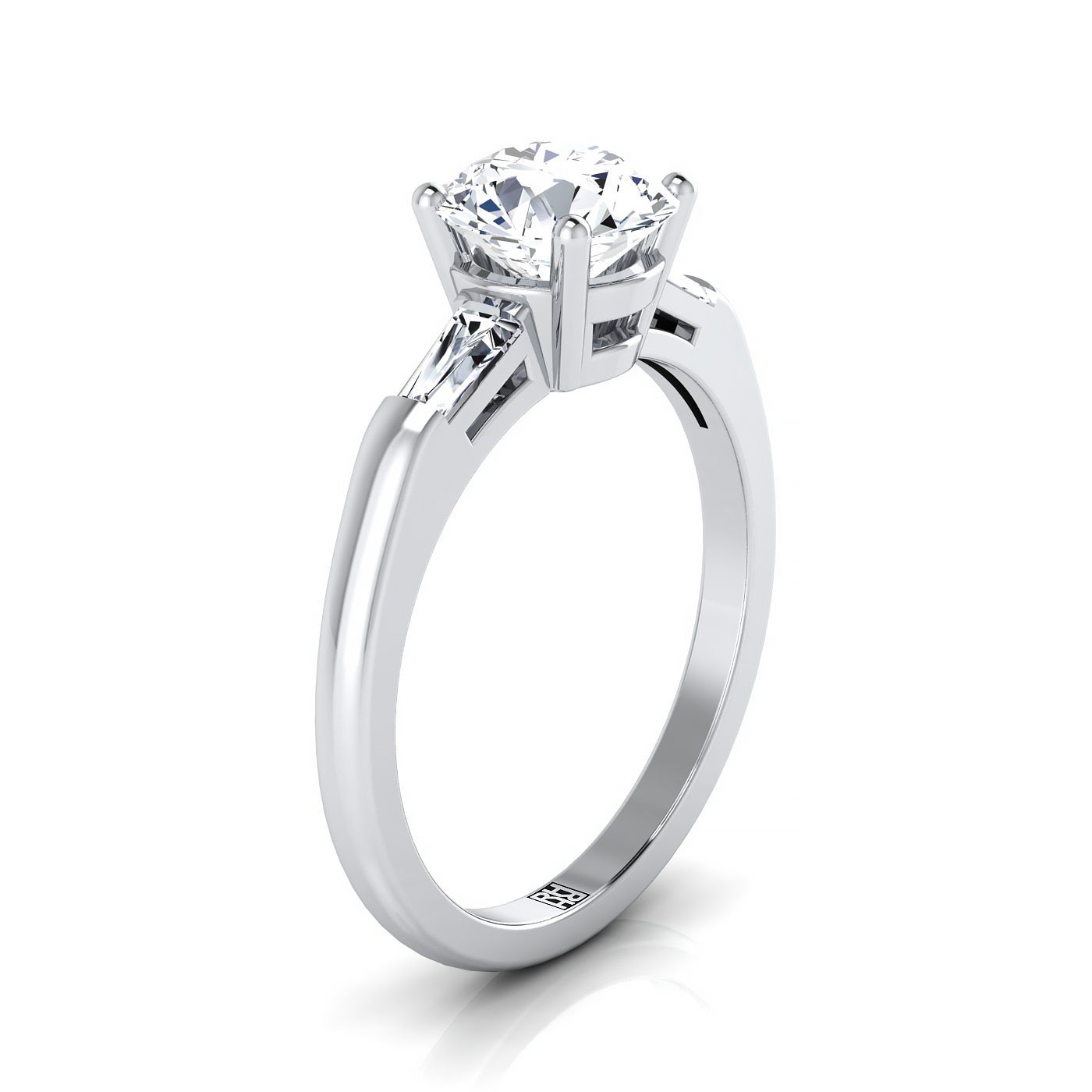 14K White Gold Round Brilliant Garnet Three Stone Tapered Baguette Engagement Ring -1/5ctw