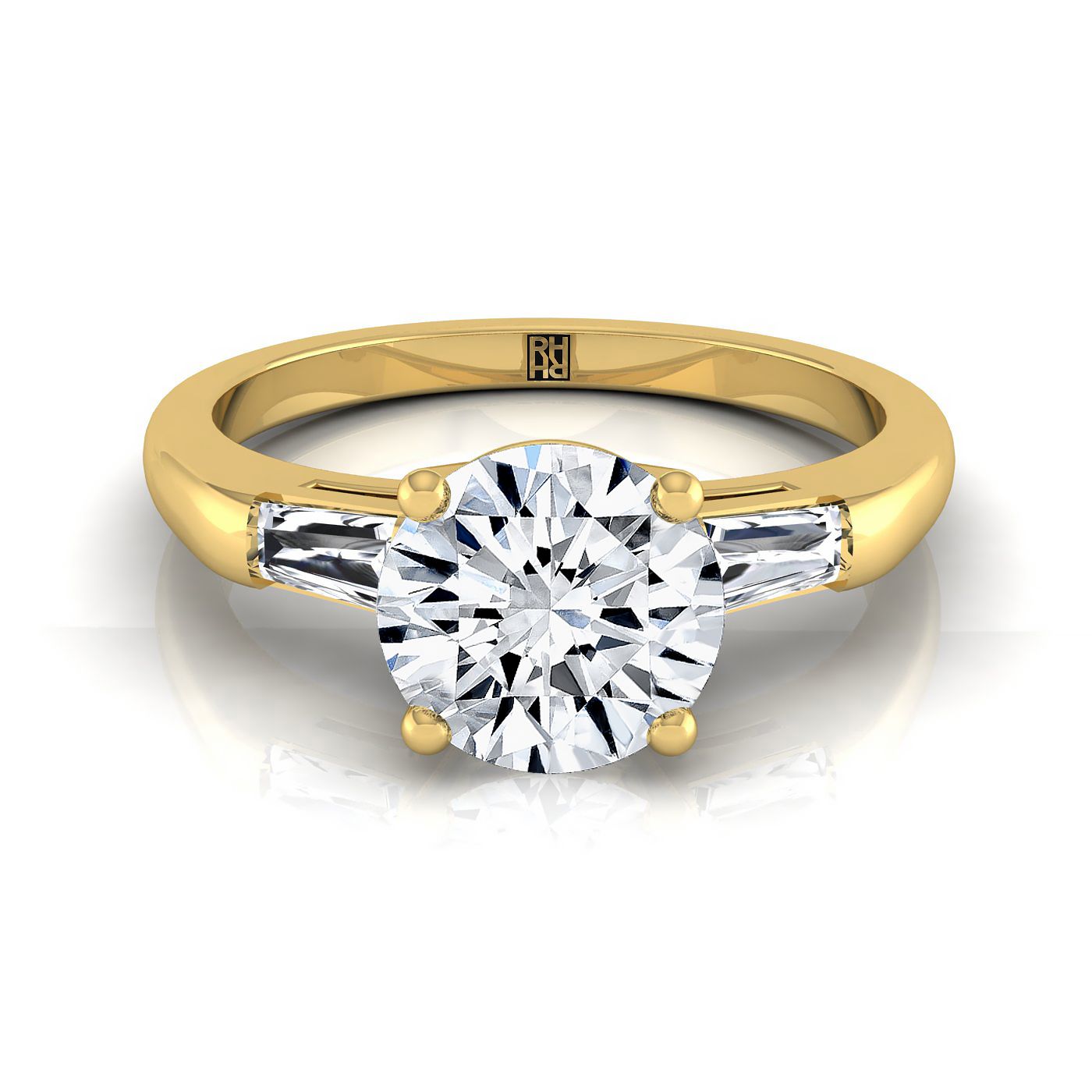 18K Yellow Gold Round Brilliant Diamond Three Stone Tapered Baguette Engagement Ring -1/5ctw
