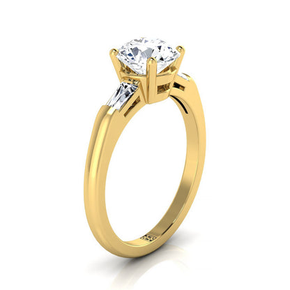 18K Yellow Gold Round Brilliant Diamond Three Stone Tapered Baguette Engagement Ring -1/5ctw