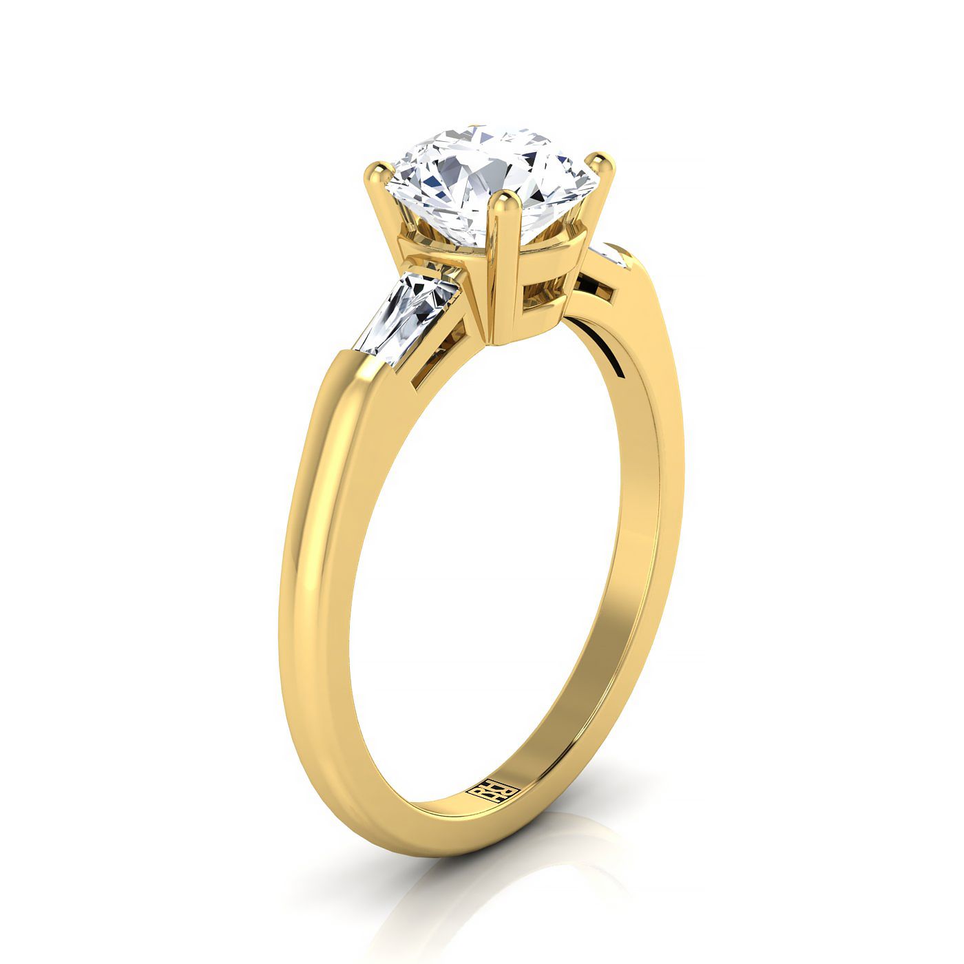 14K Yellow Gold Round Brilliant Citrine Three Stone Tapered Baguette Engagement Ring -1/5ctw