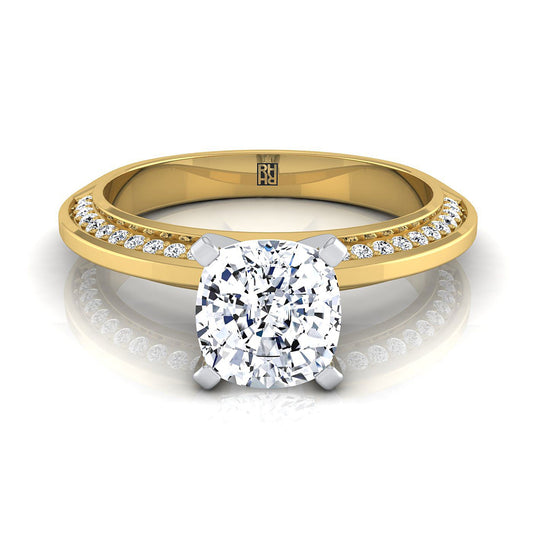 18K Yellow Gold Cushion Diamond Knife Edge Micropave Engagement Ring -1/5ctw