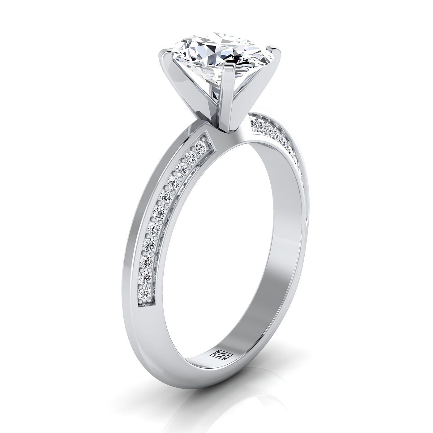 18K White Gold Oval Diamond Knife Edge Micropave Engagement Ring -1/5ctw
