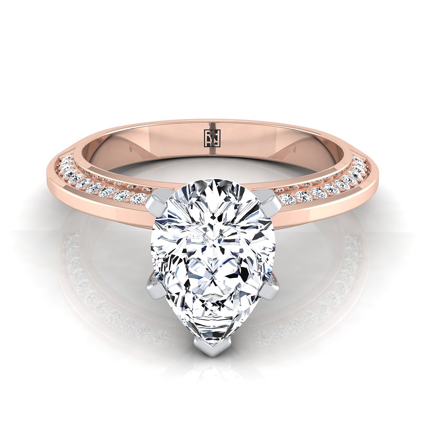14K Rose Gold Pear Shape Center Diamond Knife Edge Micropave Engagement Ring -1/5ctw