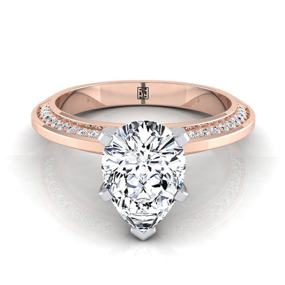 14K Rose Gold Pear Shape Center Diamond Knife Edge Micropave Engagement Ring -1/5ctw