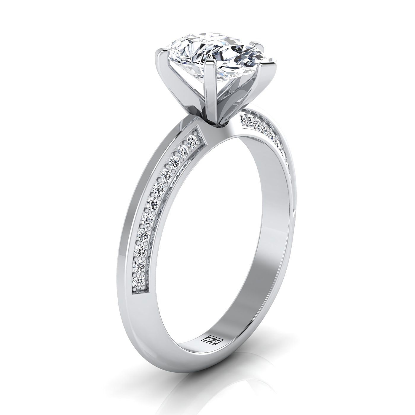Platinum Pear Shape Center Diamond Knife Edge Micropave Engagement Ring -1/5ctw