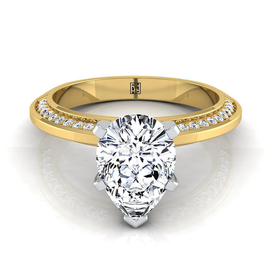 14K Yellow Gold Pear Shape Center Diamond Knife Edge Micropave Engagement Ring -1/5ctw